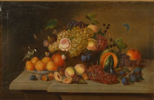 Still Life of Fruits, Including Grapes, Oranges,plumbs, Figs, Blackberies and Roses with Song Birds and a Butterfly, French School, 18th Century